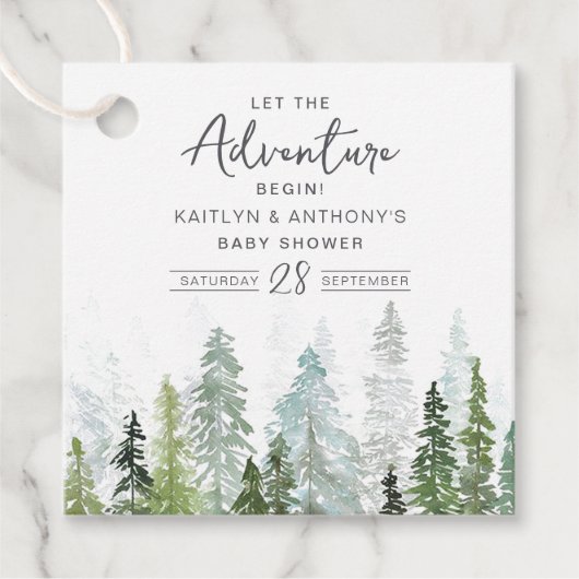 Waterverf Pine Tree Forest Baby shower Bedankjes Labels (Voorkant)