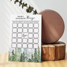 Waterverf Pine Tree Forest Baby shower Bingo