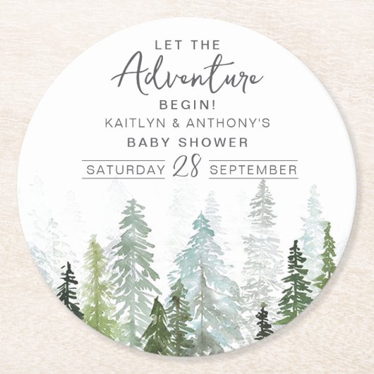 Waterverf Pine Tree Forest Baby shower Ronde Kartonnen Onderzetter (Voorkant)
