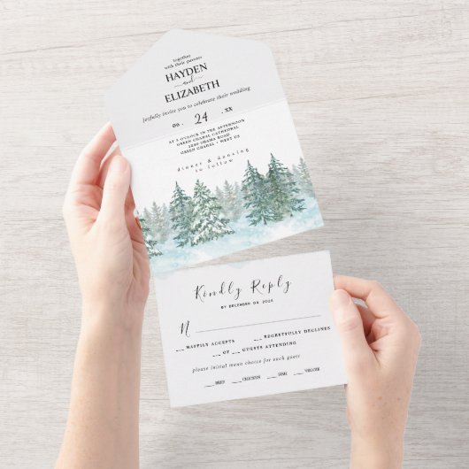 Waterverf Pine Tree Forest bruiloft All In One Uitnodiging (Afscheurbaar)