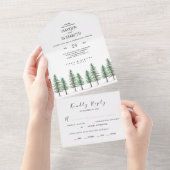 Waterverf Pine Tree Forest bruiloft alles in één All In One Uitnodiging (Afscheurbaar)