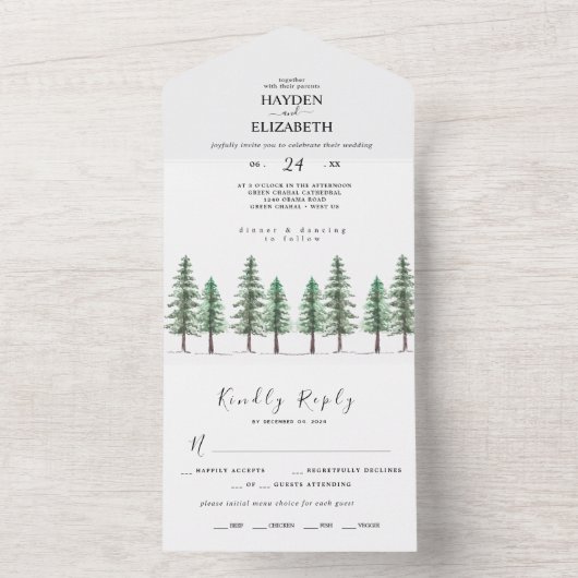 Waterverf Pine Tree Forest bruiloft alles in één All In One Uitnodiging (Binnen)