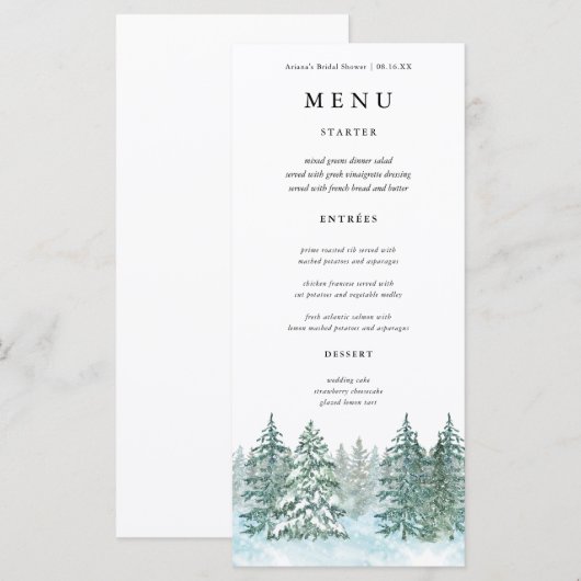 Waterverf Pine Tree Forest bruiloft Menu (Voorkant / Achterkant)