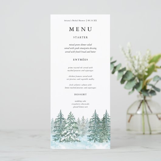 Waterverf Pine Tree Forest bruiloft Menu (Staand voorkant)