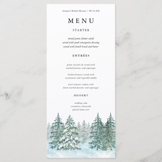 Waterverf Pine Tree Forest bruiloft Menu (Voorkant)
