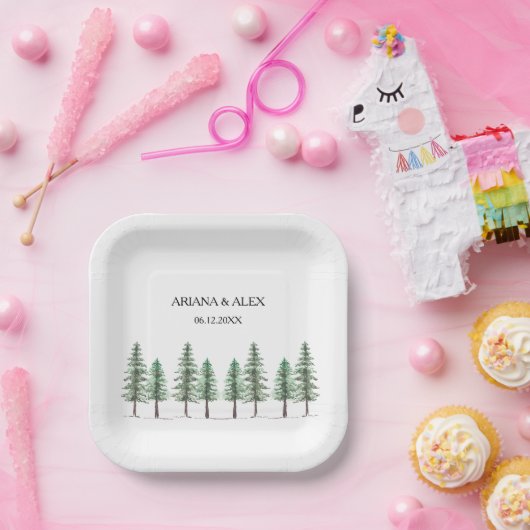 Waterverf Pine Tree Forest bruiloft Papieren Bordje (Feest)