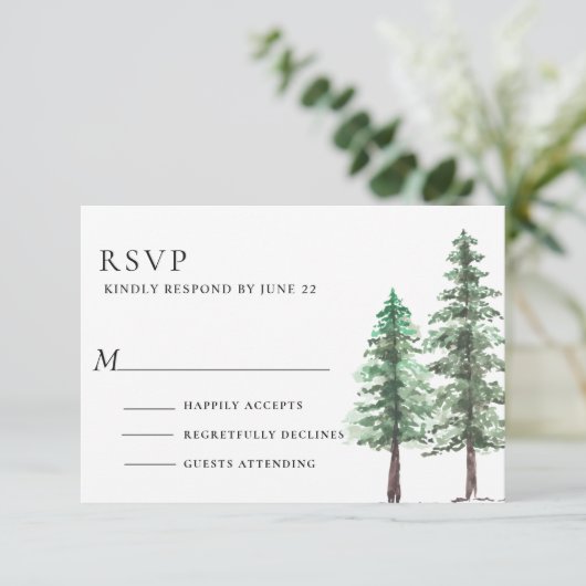 Waterverf Pine Tree Forest bruiloft RSVP Kaartje (Staand voorkant)