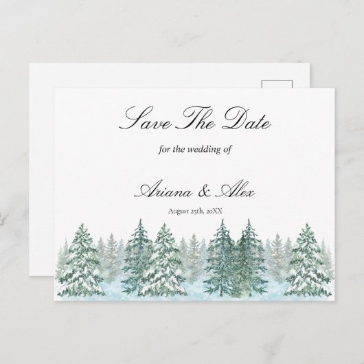 Waterverf Pine Tree Forest bruiloft Save The Date Briefkaart (Voorkant / Achterkant)