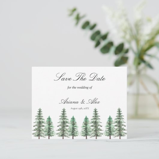 Waterverf Pine Tree Forest bruiloft Save The Date Briefkaart (Staand voorkant)