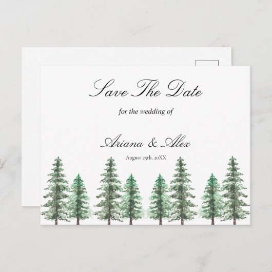 Waterverf Pine Tree Forest bruiloft Save The Date Briefkaart (Voorkant / Achterkant)