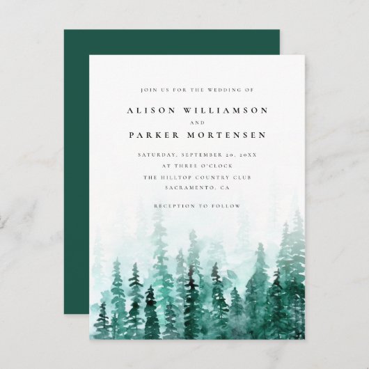 Waterverf Pine Tree Forest Country Wedding Uitnodiging Briefkaart (Voorkant / Achterkant)