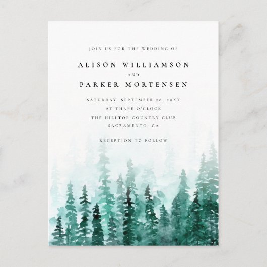 Waterverf Pine Tree Forest Country Wedding Uitnodiging Briefkaart (Voorkant)