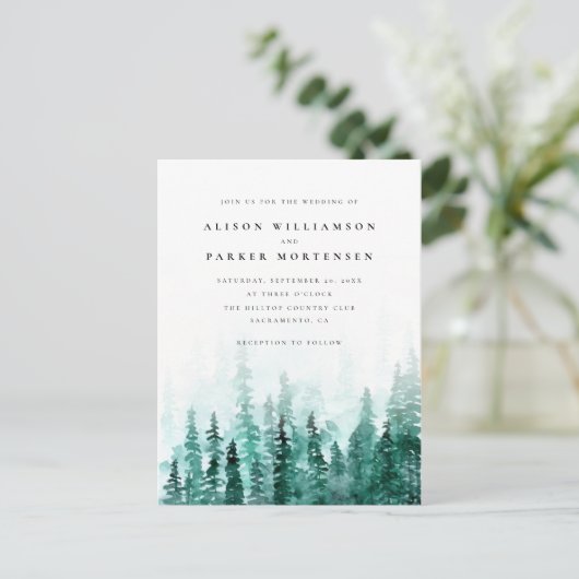Waterverf Pine Tree Forest Country Wedding Uitnodiging Briefkaart (Staand voorkant)