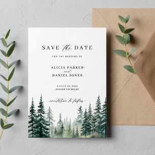 Waterverf Pine Tree Forest Mountain bruiloft Save The Date