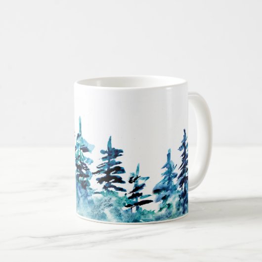 Waterverf Pine Tree Forest Panorama Coffee Mok (Voorkant rechts)
