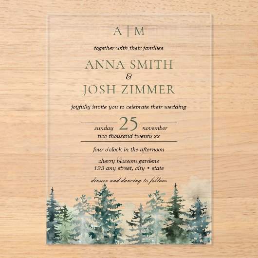 Waterverf Pine Tree Forest rustieke bruiloft Acryl Uitnodigingen (Voorkant)