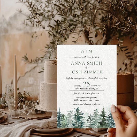 Waterverf Pine Tree Forest rustieke bruiloft Kaart