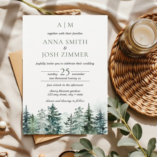 Waterverf Pine Tree Forest rustieke bruiloft Kaart