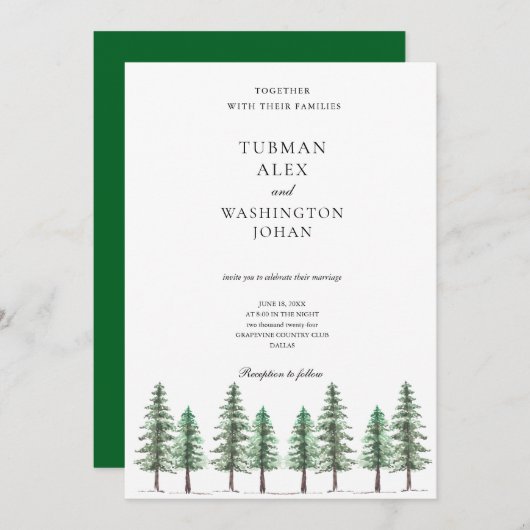 Waterverf Pine Tree Forest Wedding Kaart (Voorkant / Achterkant)