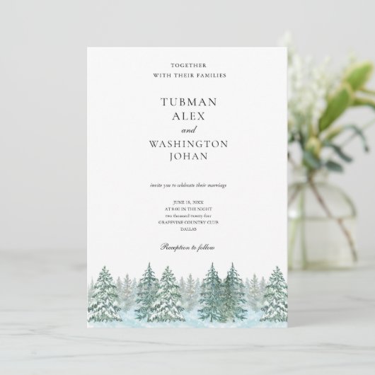 Waterverf Pine Tree Forest Wedding Kaart (Staand voorkant)