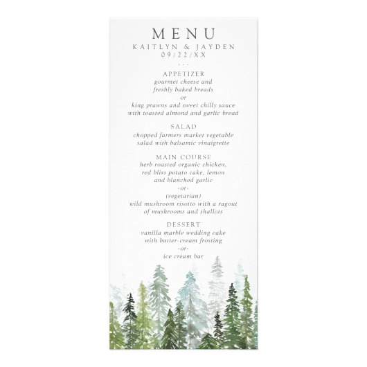 Waterverf Pine Tree Forest Wedding Menu (Voorkant)