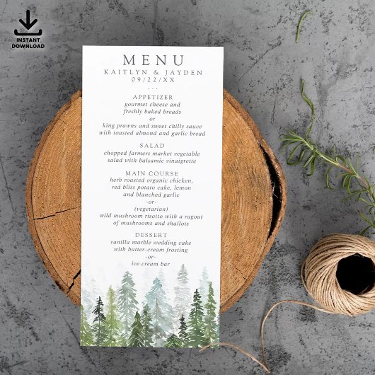 Waterverf Pine Tree Forest Wedding Menu Sjabloon Kaart