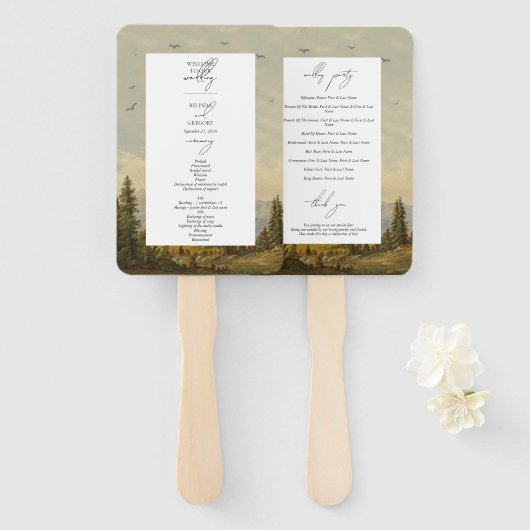 Waterverf Pine Tree Forest Wedding Programma Handwaaier (Voorkant en achterkant)