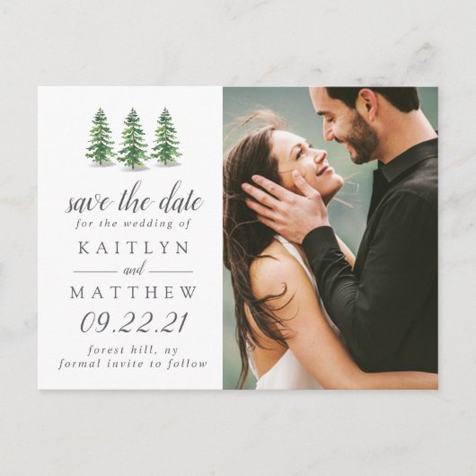 Waterverf Pine Tree Forest Wedding Save the Date Aankondigingskaart (Voorkant)