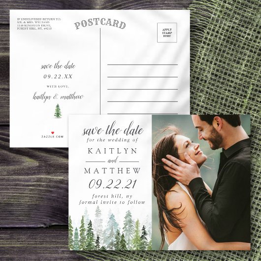 Waterverf Pine Tree Forest Wedding Save the Date Aankondigingskaart