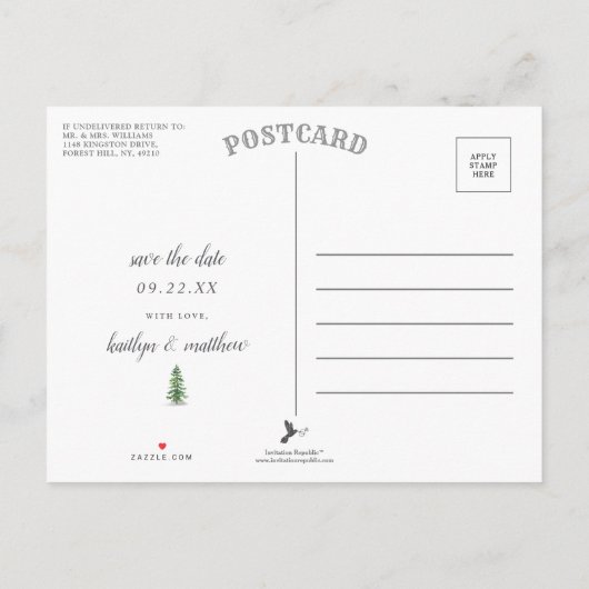 Waterverf Pine Tree Forest Wedding Save the Date Aankondigingskaart (Achterkant)