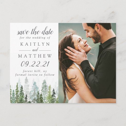 Waterverf Pine Tree Forest Wedding Save the Date Aankondigingskaart (Voorkant)