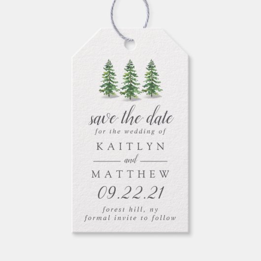 Waterverf Pine Tree Forest Wedding Save the Date Cadeaulabel (Voorkant)