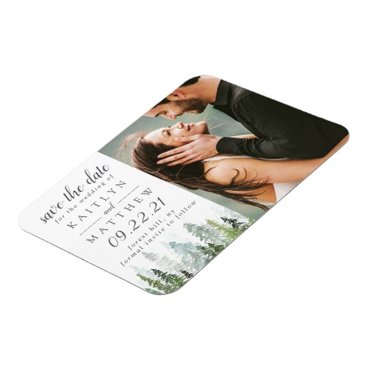 Waterverf Pine Tree Forest Wedding Save the Date Magneet (Linkerzijde)