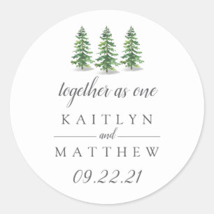 Waterverf Pine Tree Forest Wedding Save the Date Ronde Sticker