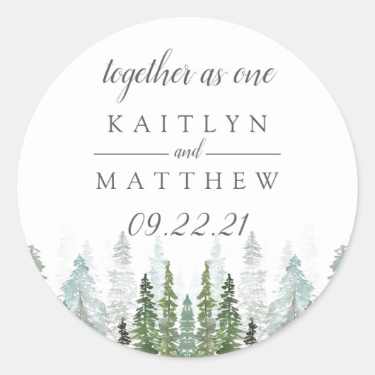 Waterverf Pine Tree Forest Wedding Save the Date Ronde Sticker (Voorkant)