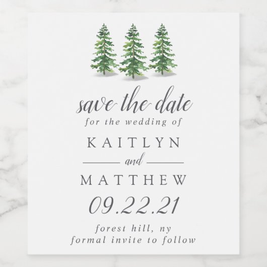 Waterverf Pine Tree Forest Wedding Save the Date Wijn Etiket (Enkel label)