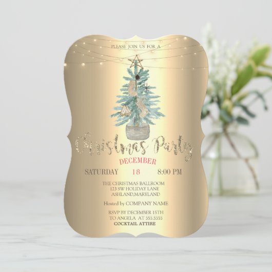 Waterverf Pine Tree, Gold Kerstmis Company Party Kaart (Staand voorkant)
