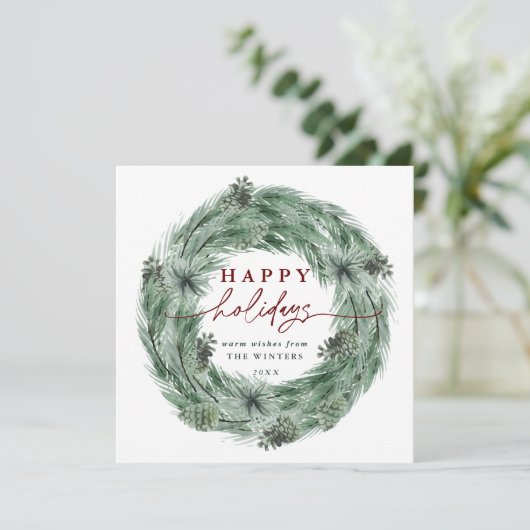 Waterverf Pine Tree Groen & Rood Feestdagenkaart (Staand voorkant)