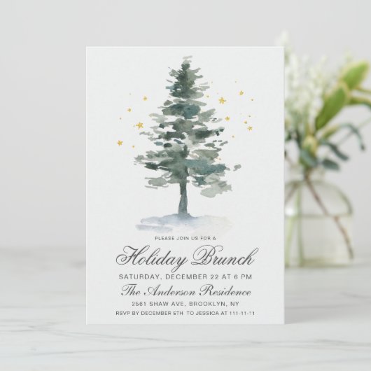 Waterverf Pine Tree-kerstfeestdag Brunch Kaart (Staand voorkant)