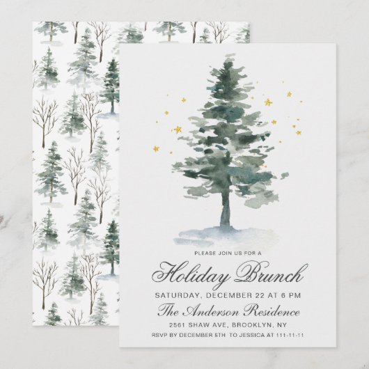Waterverf Pine Tree-kerstfeestdag Brunch Kaart (Voorkant / Achterkant)