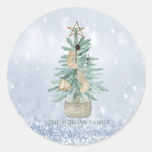 Waterverf Pine Tree Merry Kerstblauw Bokeh Ronde Sticker (Voorkant)