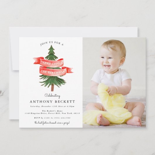 Waterverf Pine Tree Merry Little Birthday Foto Kaart (Voorkant)