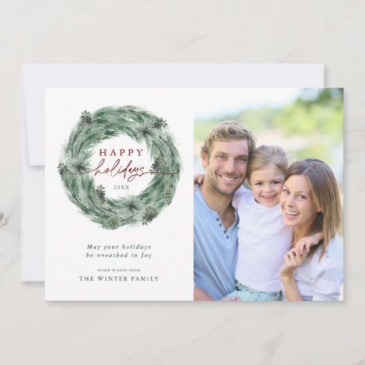 Waterverf Pine Tree met kerstfoto Feestdagenkaart (Voorkant)