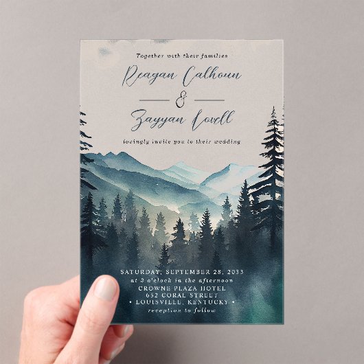 Waterverf Pine Tree Mountain Calligraphy Wedding Acryl Uitnodigingen (Insitu (Draagbaar))