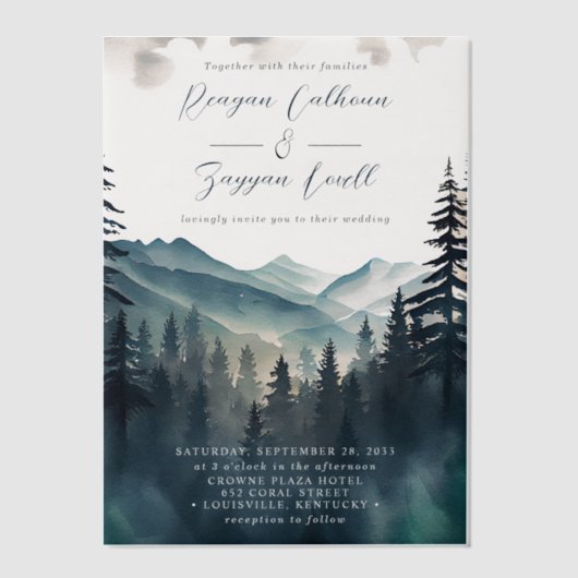 Waterverf Pine Tree Mountain Calligraphy Wedding Vellum Uitnodigingen (Voorkant)