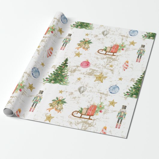  Waterverf Pine Tree Notenkraker Kerst Cadeaupapier (Uitgerold)