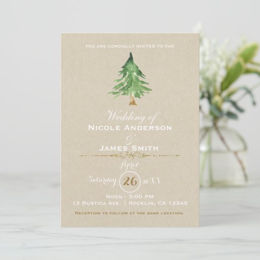 Waterverf Pine Tree Rustic Kraft Wedding Kaart (Staand voorkant)