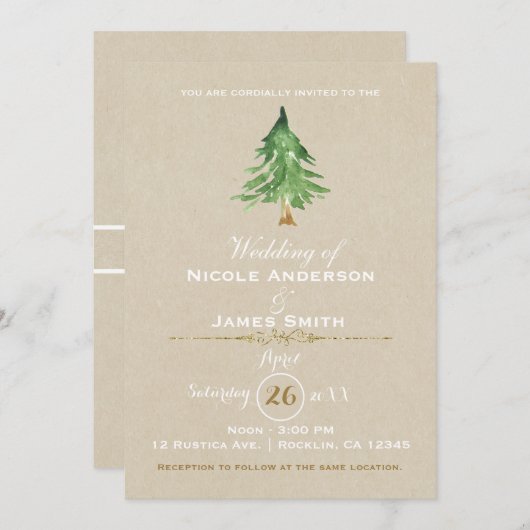 Waterverf Pine Tree Rustic Kraft Wedding Kaart (Voorkant / Achterkant)