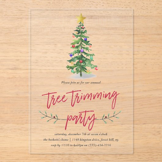 Waterverf Pine Tree Trimming Holiday Party Acryl Uitnodigingen (Voorkant)