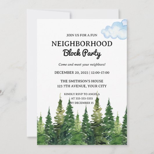 Waterverf Pine Trees Buurt Block Party Kaart (Voorkant)